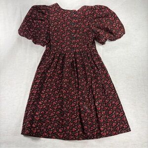 Gap Girls Black Red Floral Corduroy Fit & Flare Puff Sleeve Knee Dress M